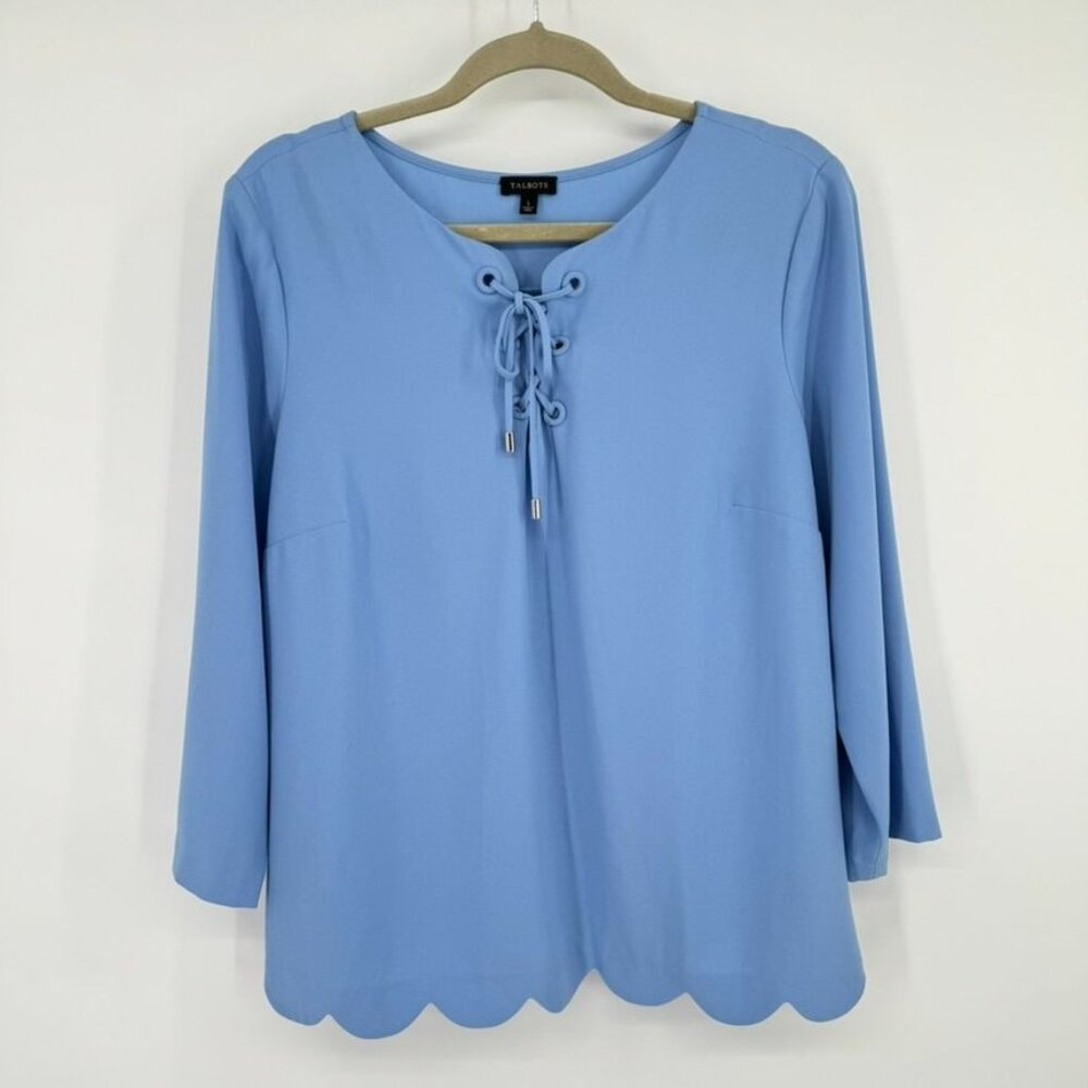 Talbots Blue Lace Up Scallop Hem Blouse Size Large  Womens Top 3/4 sleeve - Picture 2 of 9